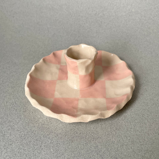 pink checkered candle holder